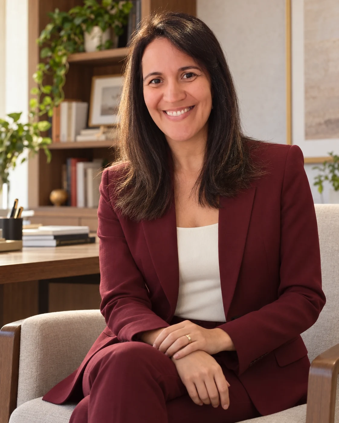 Caroline Melo sentada em seu escritório, sorrindo para a câmera