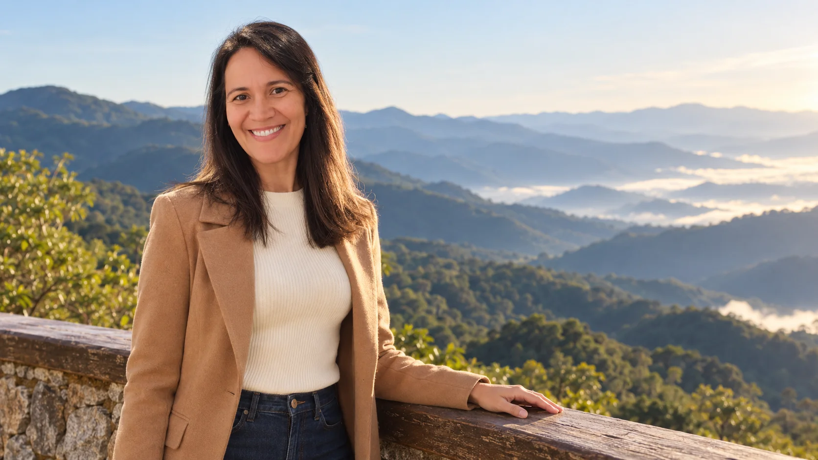Caroline Melo em um mirante, com montanhas e neblina ao fundo