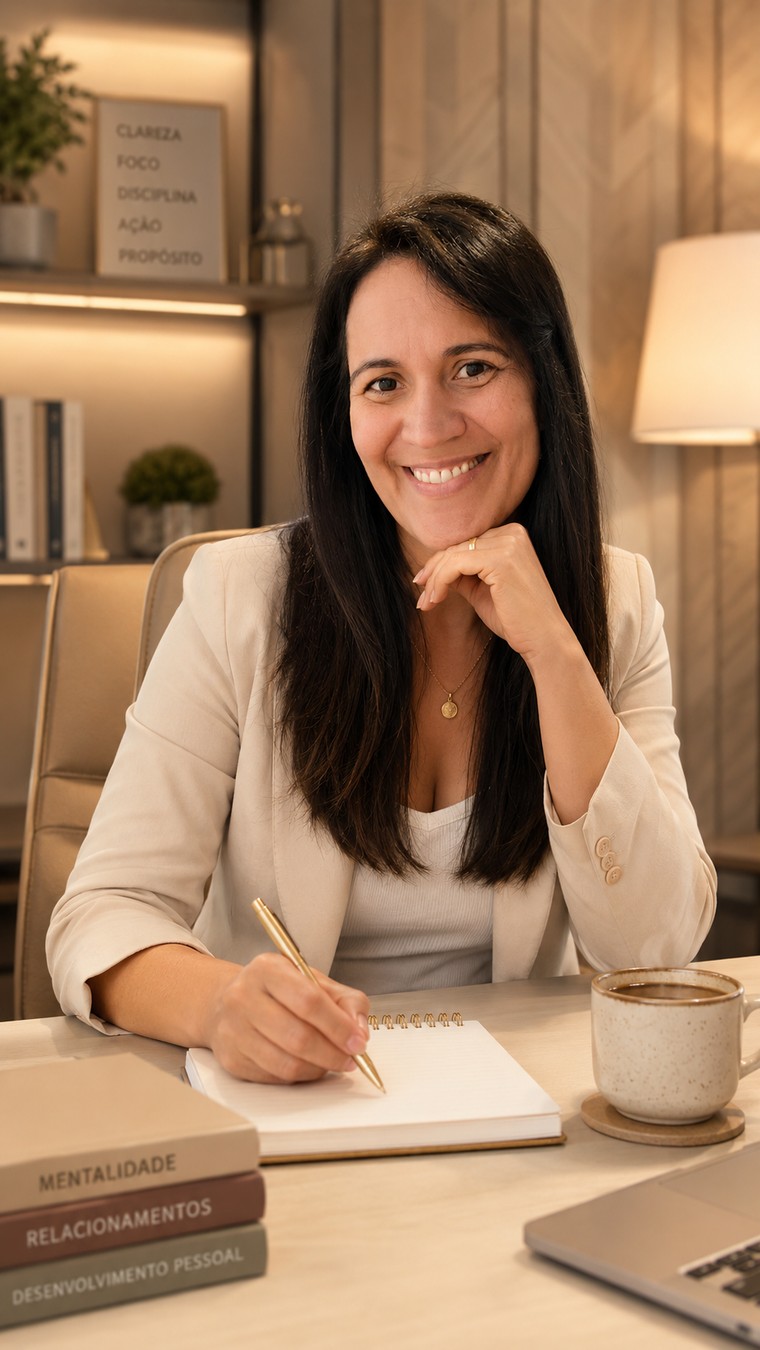 Caroline Melo escrevendo, cercada de livros sobre relacionamentos, mentalidade e desenvolvimento pessoal