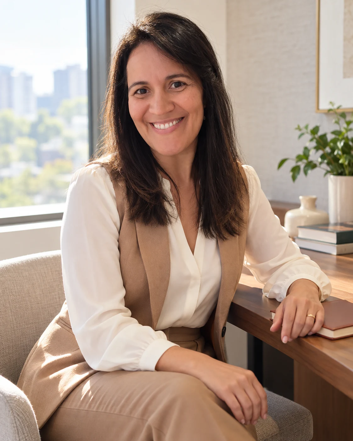 Caroline Melo em uma poltrona do consultório, com um caderno sobre a mesa